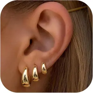 3Pairs Gold Hoop Earrings Set for Women Chunky Gold Silver Earring 14K Gold Filled Hypoallergenic Small Huggie Hoops Lightweight Tiny Thick Trendy Hoop Earrings Stacks for Multiple Piercing