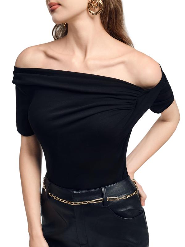 Clothing Atelier Ella Black Off Shoulder Top for Women Asymmetrical Cute Going Out Tops Dressy Casual Date Night Tops (US, Alpha, Small, Regular, Regular, Black)