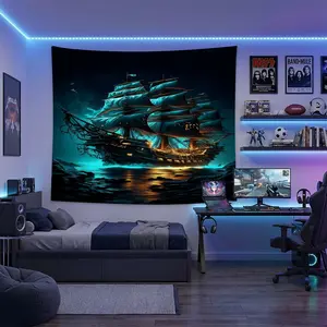 1pc Glowing Pirate Ship Vintage Magic Style Tapestry for Backdrop, Home Office, Studio, Art Mural, Apartment, Eco-friendly Durable Material.