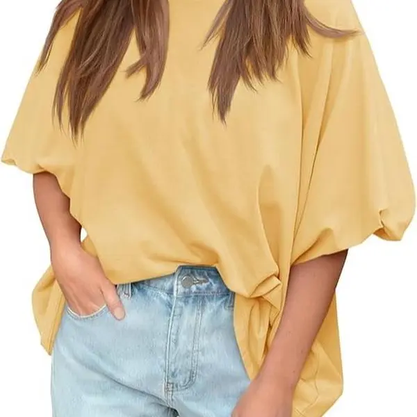 TANKANEO Women's Minimalist Basic Short-Sleeve Batwing Puff Sleeve Crew Neck Plain Streetwear Blouse - Loose Fit Medium Cut Relaxed Dance-Ready Summer Day Tunic (Cute Tops for Women, Everyday Tops)