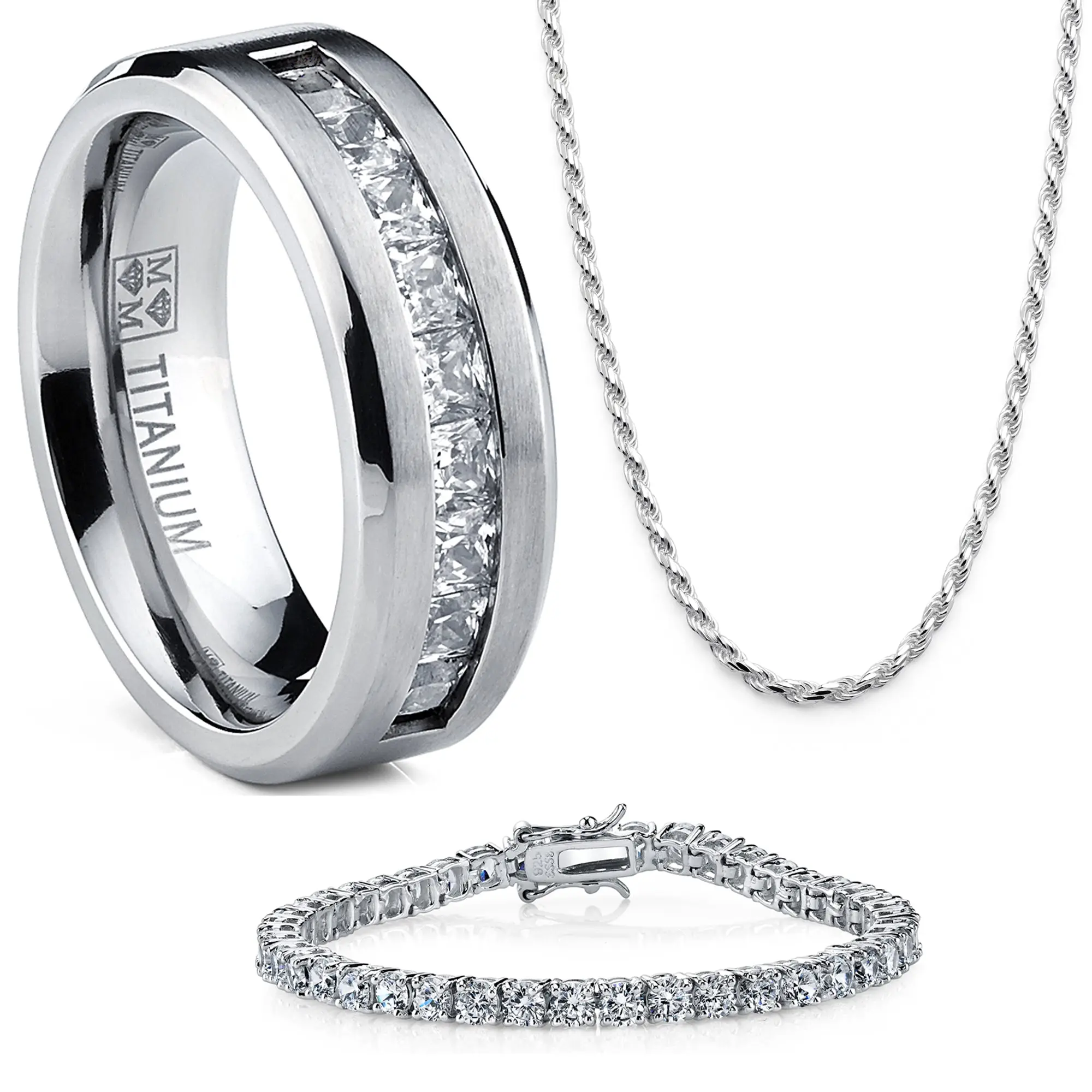 Titanium .9Ct Men's Wedding Band Engagement Ring with 9 large Princess Cut Cubic Zirconia Titanium .9Ct Men's Wedding Band Engagement Ring with 9 large Princess Cut Cubic Zirconia