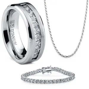 Titanium .9Ct Men's Wedding Band Engagement Ring with 9 large Princess Cut Cubic Zirconia