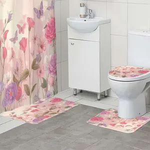 1/4 piece set of floral butterfly patterned shower curtain, The 4-piece set includes a single shower curtain, anti slip floor mat, toilet U-shaped mat, toilet lid mat, with shower curtain hook, and belongs to bathroom decoration products