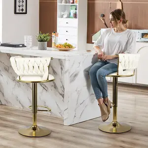 Set of 2 Beige Swivel Bar Stools – Modern Counter Height Chairs with Soft Velvet Fabric, Comfortable Low Back & Thick Cushion, Gold Metal Frame