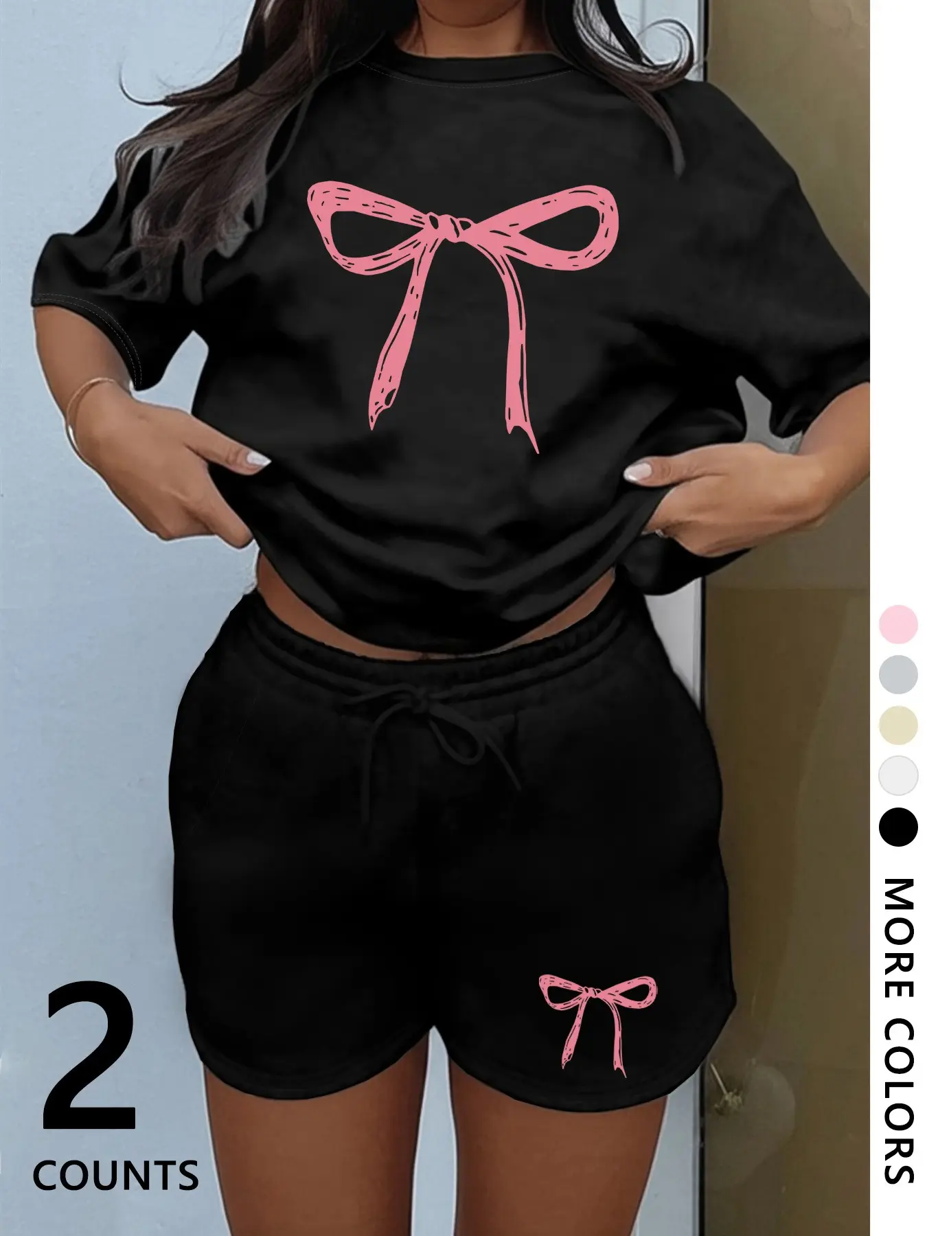 Bowknot Pattern Two-Piece Set Womenswear, Y2K Style Loose T-Shirt & Shorts, Comfortable Soft Fabric, Casual Fashion for Z-Generation Women
