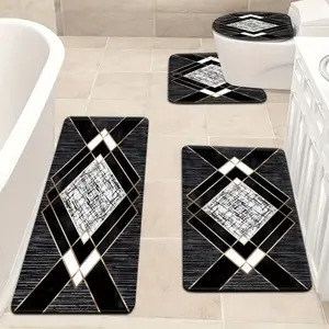 3pcs/4pcs Fashionable And Easy Black Background Stitching Geometric Pattern Bathroom Mat,Non Slip Absorbent Soft Microfiber Bathroom Mats with Toilet Lid Cover & Contour Rug, Machine Wash