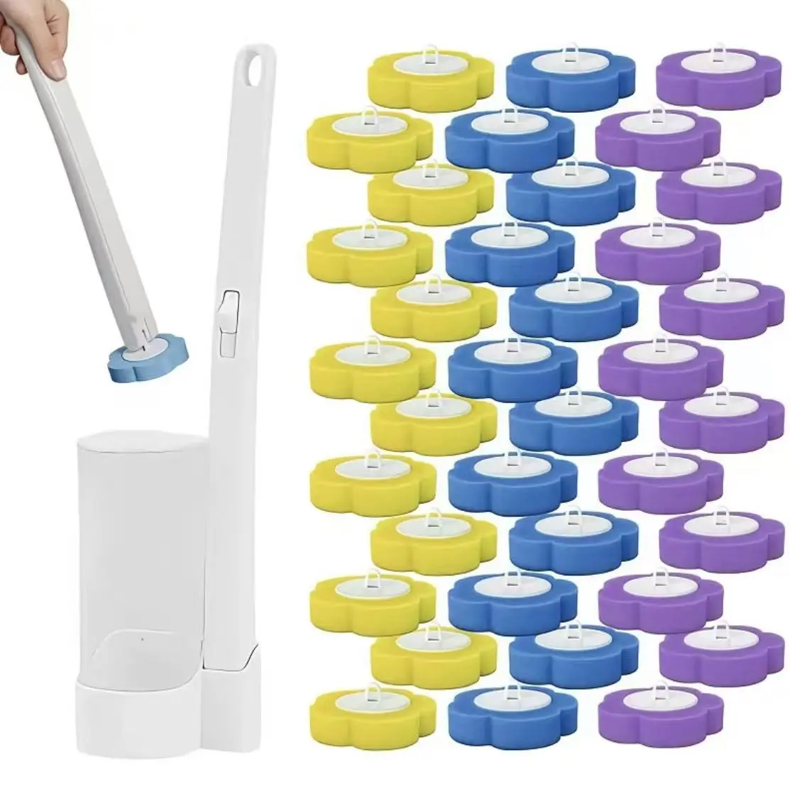 Disposable toilet cleaning system, toilet brush with holder, refill heads preloaded with cleaning solution (set of 18 or 36), multifunctional cleaning tools suitable for toilets, sinks, bathroom glass, and floors