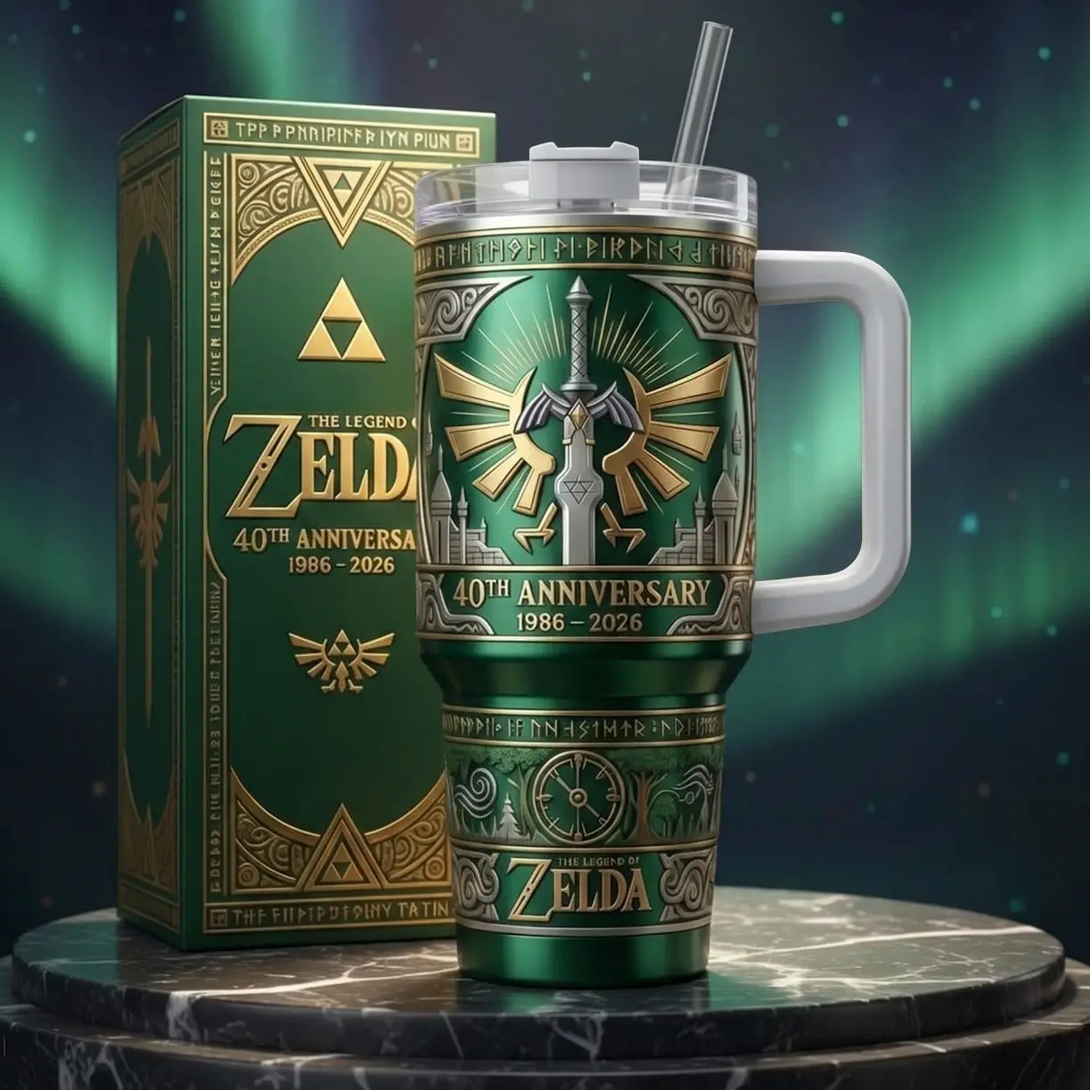 The Legend of Zelda 40th Anniversary 40oz Insulated Tumbler With Handle & Straw, 1986-2026 Collector Edition Stainless Steel Travel Mug, Master Sword & Triforce Gaming Cup, Zelda Fan Gift