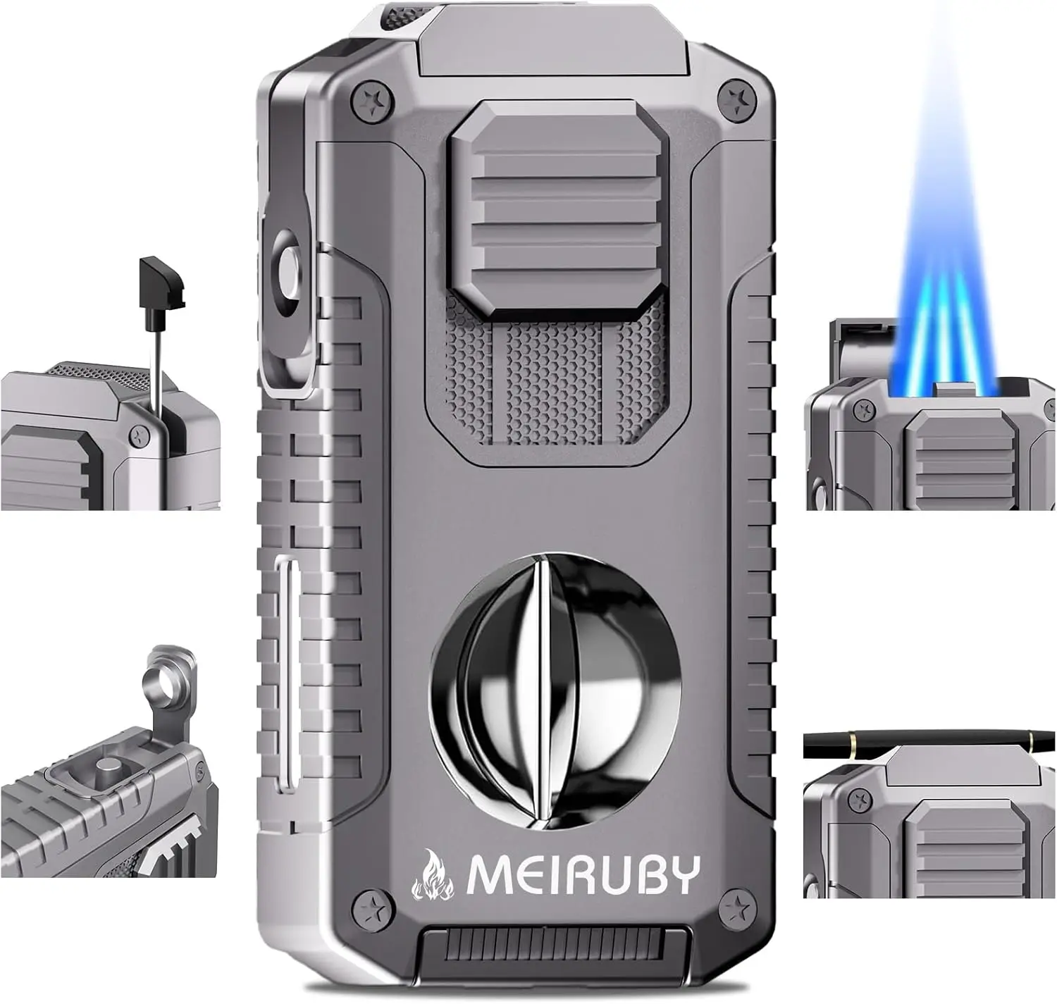 MEIRUBY 5-in-1 Butane Torch Lighter, Refillable Jet Flame Lighter with V-Cutter, Punch, Holder and Draw Tool, Multi-Functional Accessories Gift for Men, Dad, Husband, Friend & Lover