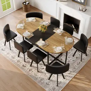 9-Piece Dining Table Set for 8, 78.7" Large Extendable Kitchen Table Set with 8 PU Leather Chairs, Modern Oval Wooden Table with Faux Marble Tabletop for Gatherings, Dining Room, Wood & Black