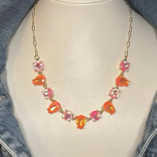 Fashionable Jewelry Set for Women, Bold Statement Gold Chain Necklace and Bracelet with Eye-Catching Neon Pink & Orange Stones, Necklace Gift Set, Crystal Rhinestone Set