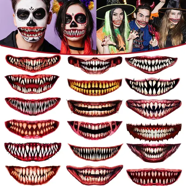 18 Sheets Halloween Temporary Tattoo Stickers 18 Styles Realistic Face Tattoo Face Stick Horror Prank Props Make Up Face Decals Cosplay Decor for Halloween Trick or Treat Party Costumes Party