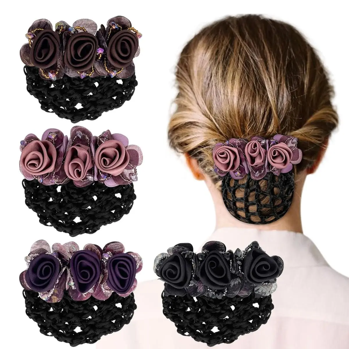 4PCS Flower Hair Bun Cover Set – Mesh Snood Hair Net Clip Ribbon Accessories for Women