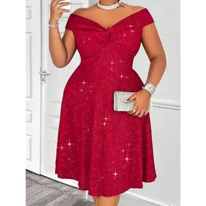 Charming Shine, plus-Sized Size Elegant Red off Shoulder Twisted Front A- line Dress, Glitter Details-Perfect for Parties, Cocktails, Christmas and Valentine's Day, plus-Sized Size Formal Dress