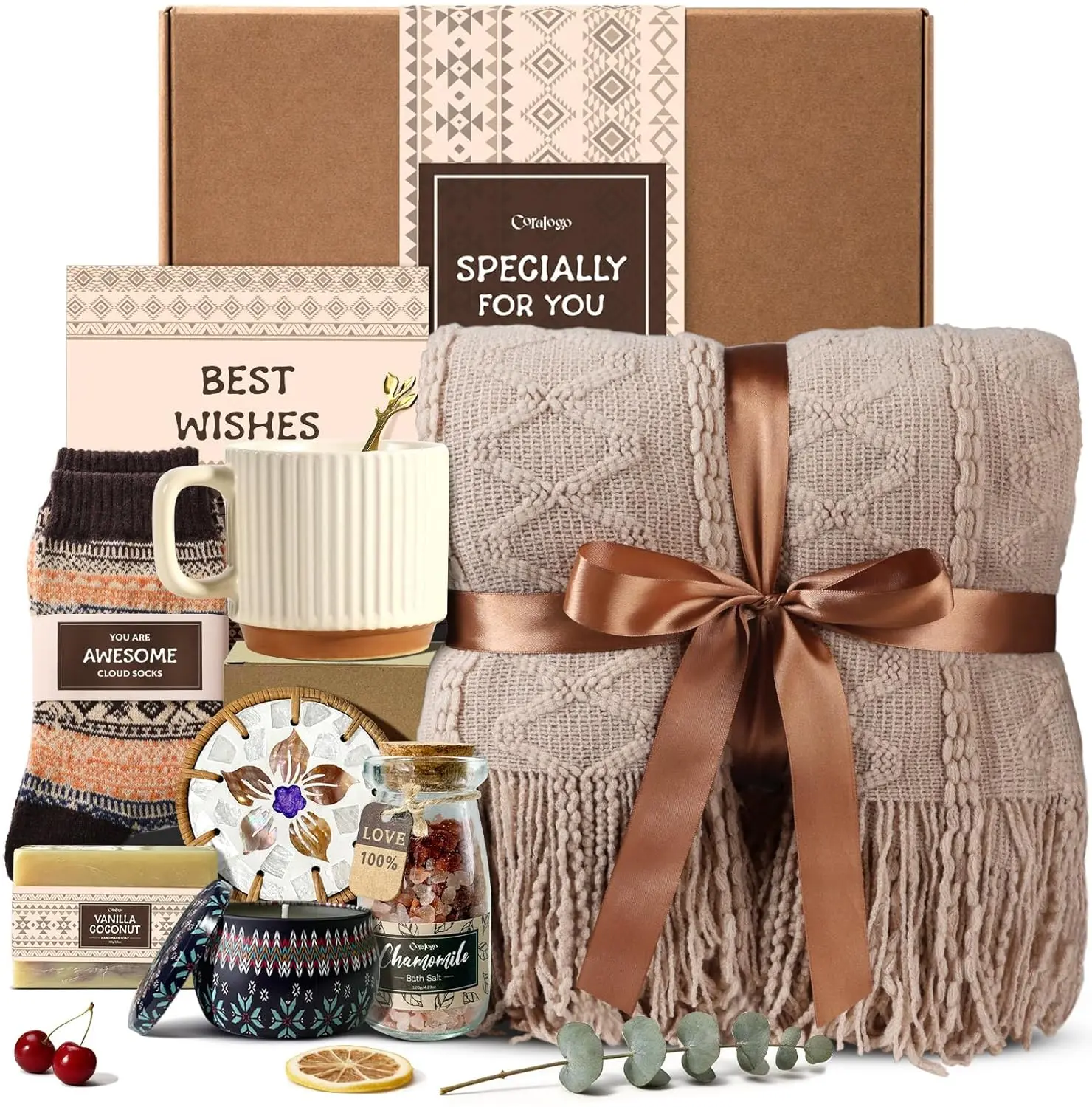 Coralogo Spa Gift Basket for Women – Unique Bohemian Basket with Soft Blanket, Warm Socks & Blank Card, Relaxing Self-Care for Her, Wife, Mom, Birthday or Get Well Soon, Set, Mothers Day Gift Basket
