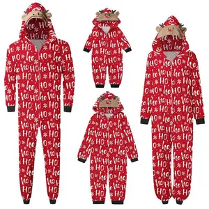 Family Matching Christmas Jumpsuits Pajamas Letter/Santa/Tree/Print Hooded Long Sleeve Playsuits Autumn Zipper Long Rompers