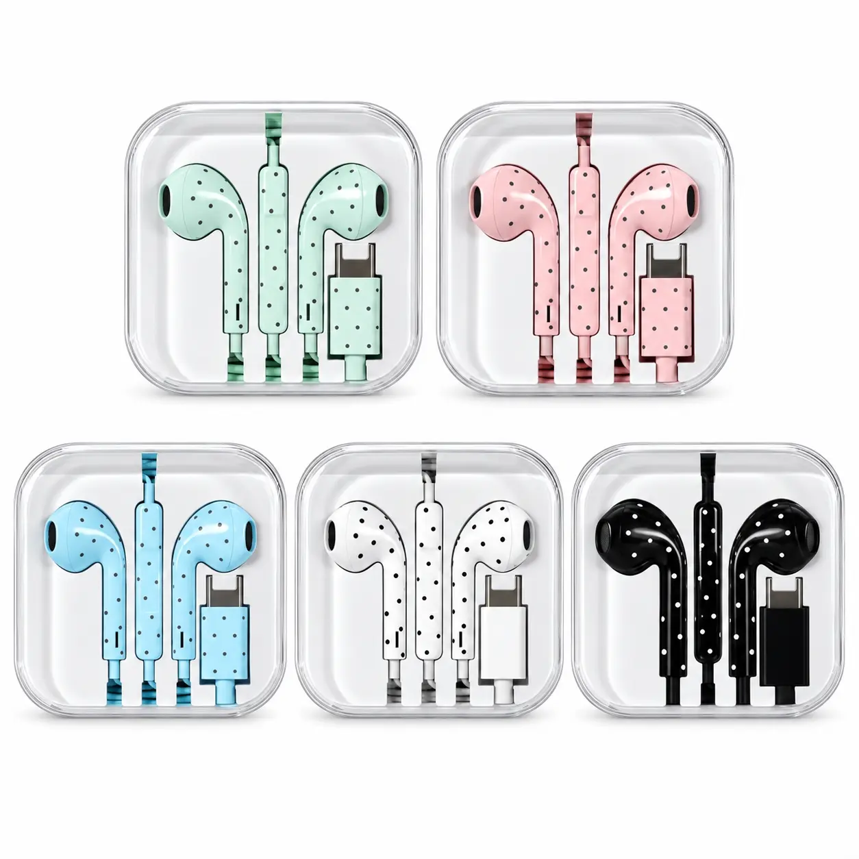 Cute Polka Dot Type-C Wired Earbuds - Type-C Plug Audio Headset with HD Calling, Microphone for Gaming, Outdoor Use and Music Listening