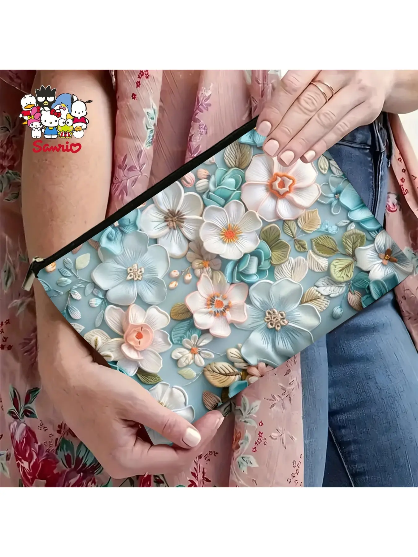 Sanrio for hello kitty Floral Print Makeup Bag - Durable Zipper Cosmetic Pouch, Machine Washable, Light Blue Romantic Design with Pink Bow, Perfect for Travel, Business, Gym & Camping, Makeup Travel Bag, Sanrio