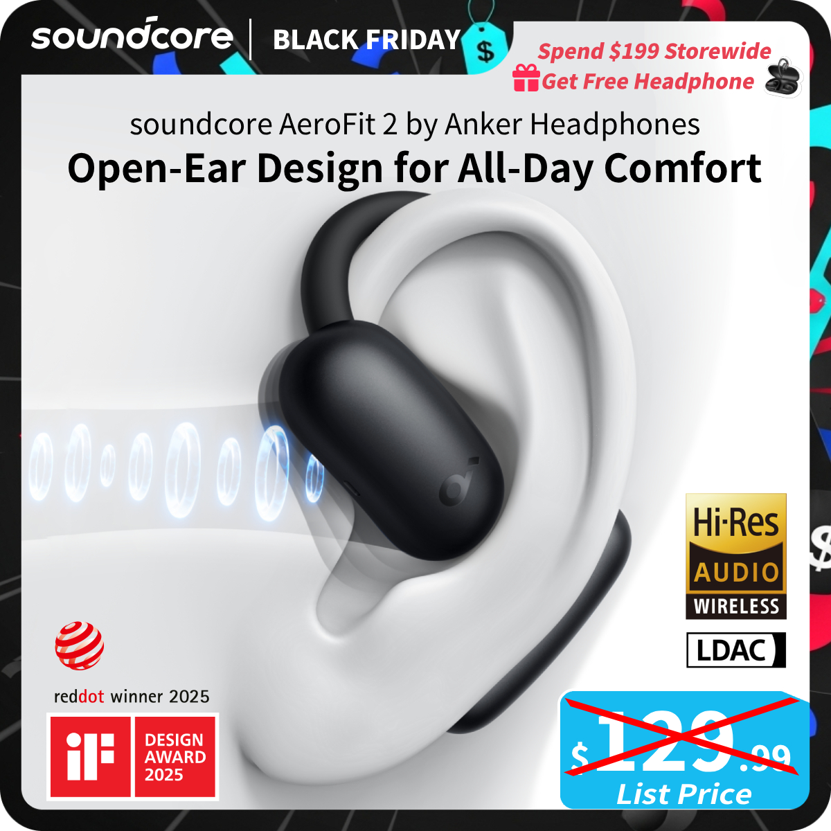 [TikTokShopBlackFriday] soundcore AeroFit 2 by Anker, Open-Ear Headphones, Real-Time Translation Earbuds, 4 Adjustable Positions for Every Ear Size, 2