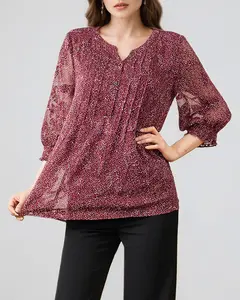 V-neck lantern sleeve blouse for women, loose polka dot printed shirt, loose daily top  LE-SY041