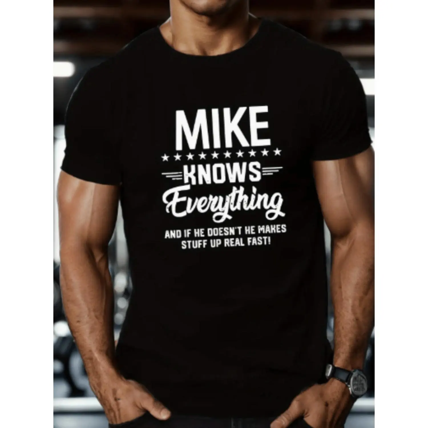 "MIKE KNOWS Everything" T-Shirt Suitable for Gifts from Friends & Family - Mike-Themed Casual Round Neck Short-Sleeve Top with Exclusive, Machine Washable Summer Apparel for Casual Attire or Mike's Name Gift