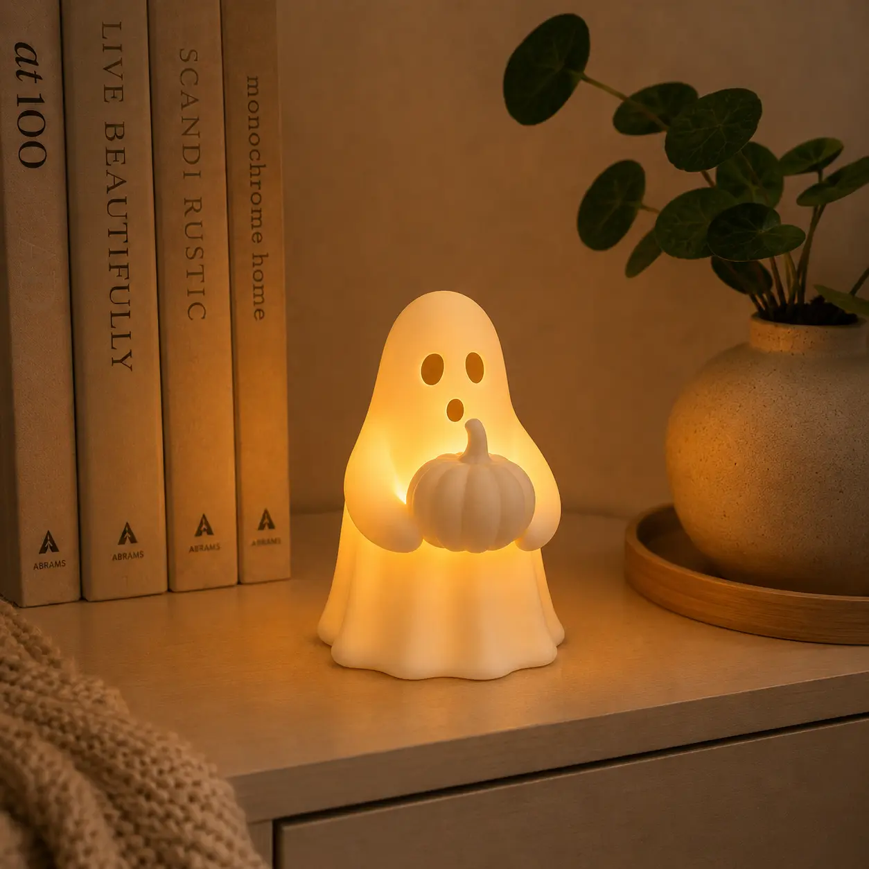 Ghost Pumpkin Halloween Decor with Warm Glow, Cute Spooky Figurine for Bookshelf Desk Reading Nook, Cozy Autumn Home Ornament Gift for Ghost Lovers and Halloween Fans