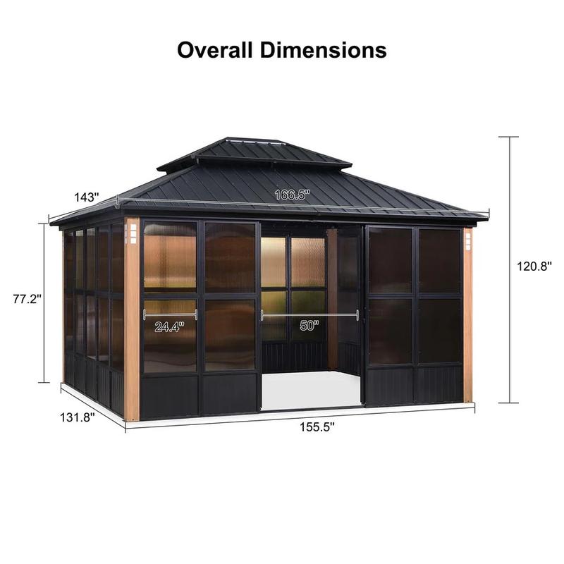 PURPLE LEAF 12' x 14' Hardtop Gazebo For Patio | Screen House Wood Grain Aluminum Solarium Canopy