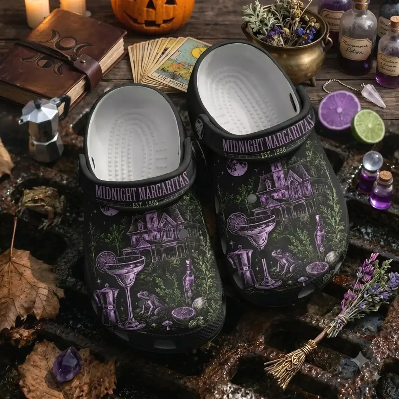 Vintage Midnight Margaritas Gothic Fantasy Book Lover Clogs, Gothic Occult Casual Footwear for Adult & Kids Size Walking Shoes Women