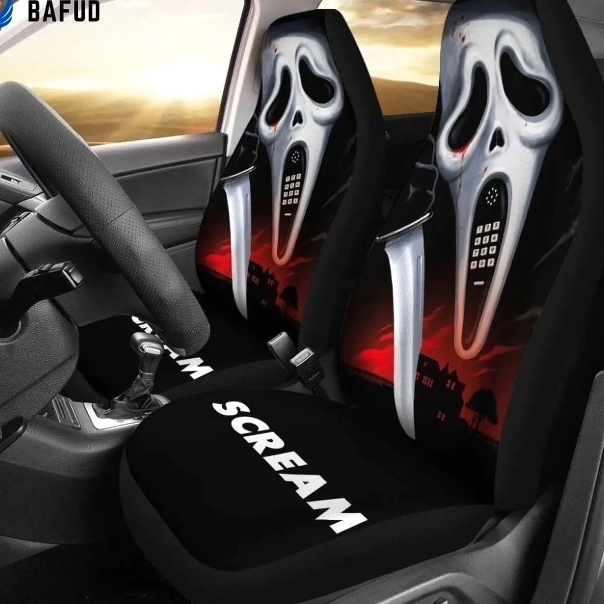 Ghostface Car Seat Covers, Scary Movie Horror Auto Accessories, Halloween Front Seat Protectors, Universal Fit Interior Decor