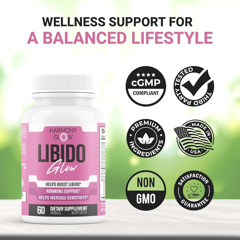 Harmony - Libido GLOW - Max Strength Libido Booster for Women | Heighten Sensitivity, Reduce Dryness, Energy Booster, Boost Desire & Mood | 9 Ultra Ingredients for Fast Results - 60 Capsules