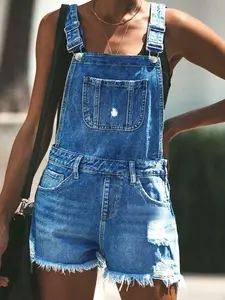 Women's Casual Denim Ripped Bib Shorts, Adjustable Straps, Mini Jumpsuit, Perfect for Vacation Beach Streetwear, Spring & Fall Fashion