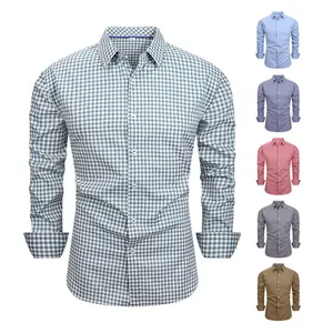 Men's Classic Checked Long Sleeve Menswear Top - Natural Fabric, 4-Way Elastic Stretch, Wrinkle-Resistant Comfort Fit, Turn-Down Collar Regular Dress Shirt, Casual Shirts for Business Casual, S-XXXL, Navy Grey Khaki, Umbrella Hem