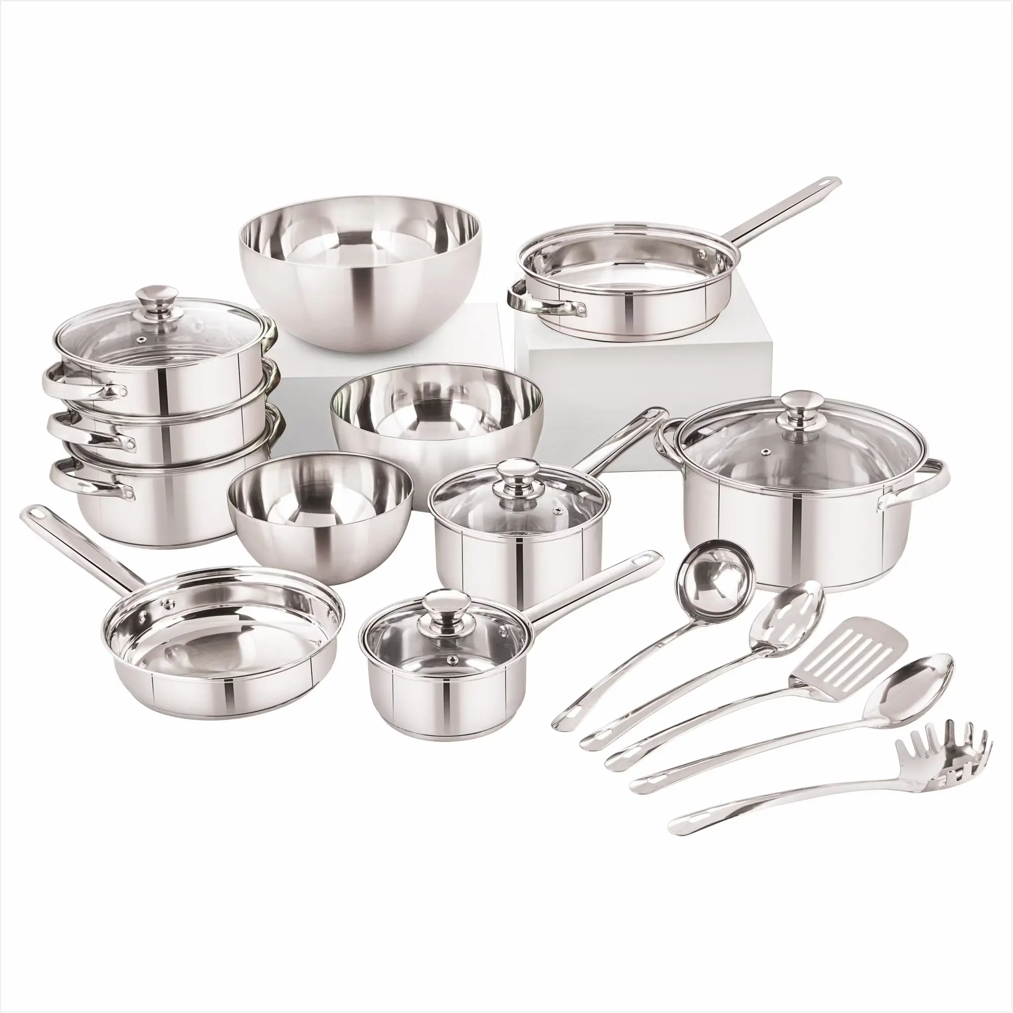 Mainstays Induction-Compatible 20-Piece Stainless Steel Cookware Set with Glass Lids, Steamer, Mixing Bowls, and Kitchen Tools