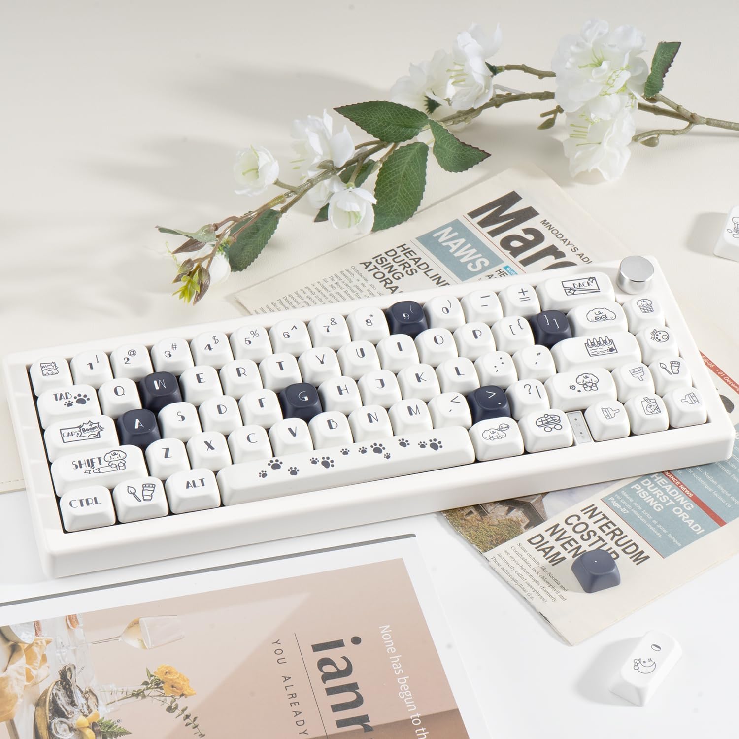 Cute Puppy Paws Theme Keycaps 120 Keys | Black White PBT Dye-Sub, MOA Profile, ANSI Layout Compatible with MX Cherry Mechanical Keyboards