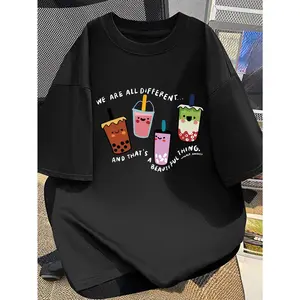 Men's Fun Milk Tea Print  Short-Sleeve T-Shirt, Comfortable Casual Trendy Unisex Top