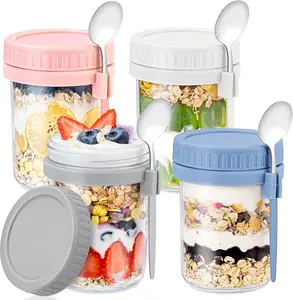 4 Pack Overnight Oats Containers with Lids and Spoons - 16 Oz Glass Mason Jars for Overnight Oats Leak Proof Oatmeal Container Great for Cereal Fruit Vegetable Milk Salad Yogurt Meal Prep