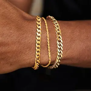 3Pcs Stainless Steel Bracelets for Men, Gold/Silver Mens Chain Bracelet 7.8 Inches Mens Stainless Steel Cuban Link Bracelets Set