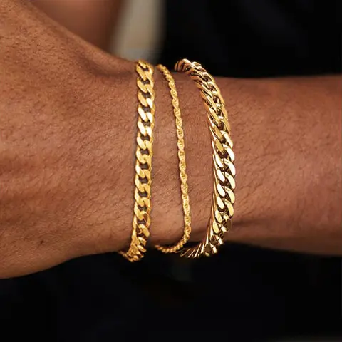3Pcs Stainless Steel Bracelets for Men, Gold/Silver Mens Chain Bracelet 7.8 Inches Mens Stainless Steel Cuban Link Bracelets Set