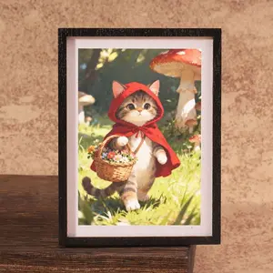 Forest Little Riding Hood Cat Mini Photo Frame Refrigerator Magnet, Fresh Illustration Style, Cute Kitten Design, Home Decor Gift