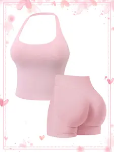 Women's Seamless Halter Neckline Yoga Tank Top + Gym Shorts Set, Quick Dry Running Fitness Bra Set, Sexy Yoga for Women