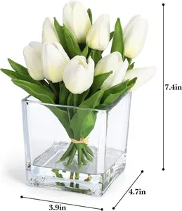 White Artificial Tulip Flowers with Vase, 12 Heads PU Mini Real Touch Tulip Bouquets for Home Wedding Party Centerpiece Decoration, Lifelike Faux Flowers