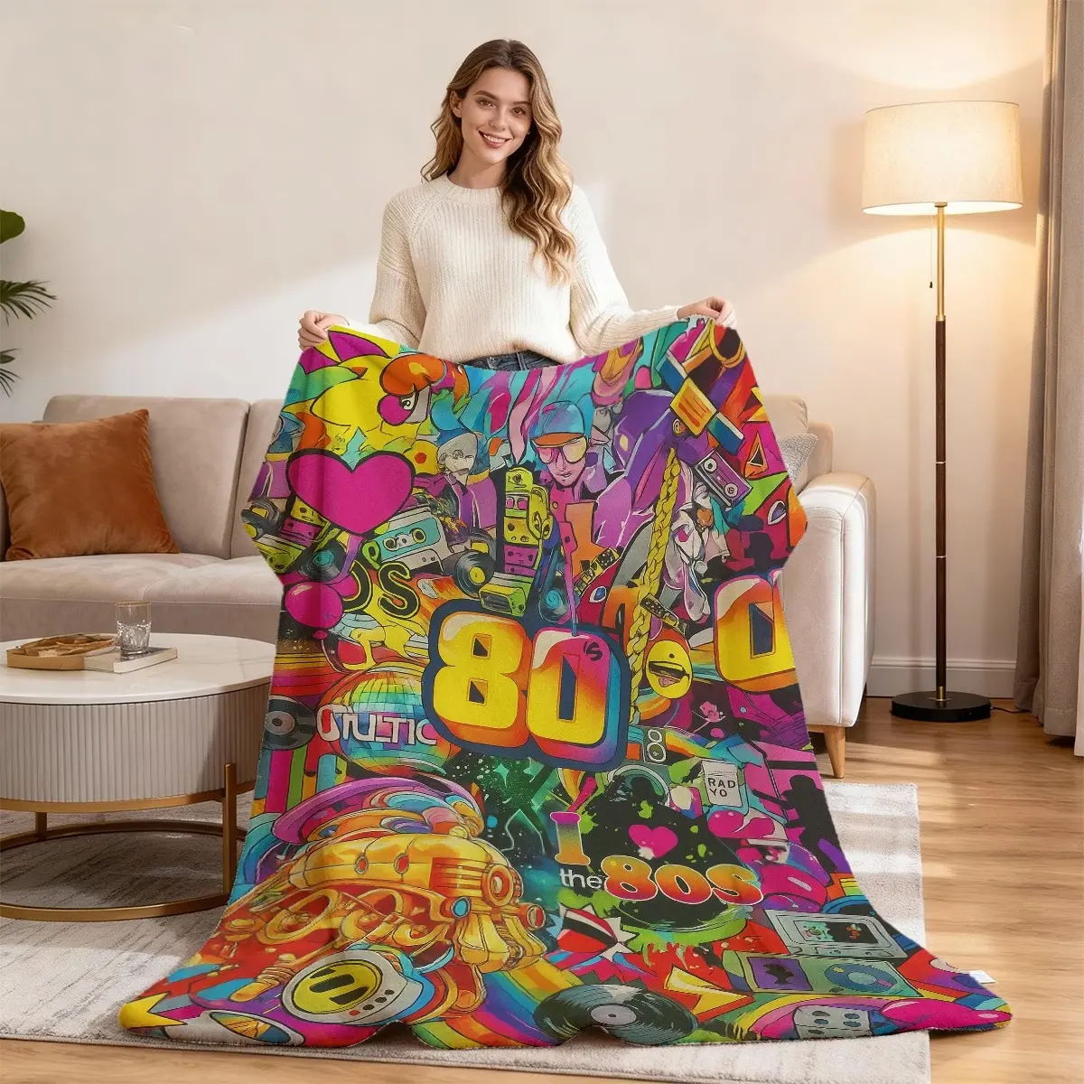 Retro 80S Pop Culture Collage Flannel Throw Ultra Soft Cozy Warm Bedroom Couch Sofa Office Gym Camping Travel Decorative Throw Perfect Gift For 80S Nostalgia Fans Style