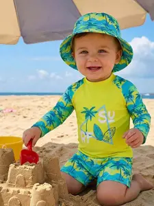 New boys' two-piece swimsuit, beach vacation sun protection swimwear set Palm Trees And Surfboard Design long sleeves and shorts sunscreen waterproof Toddler Swimsuit
