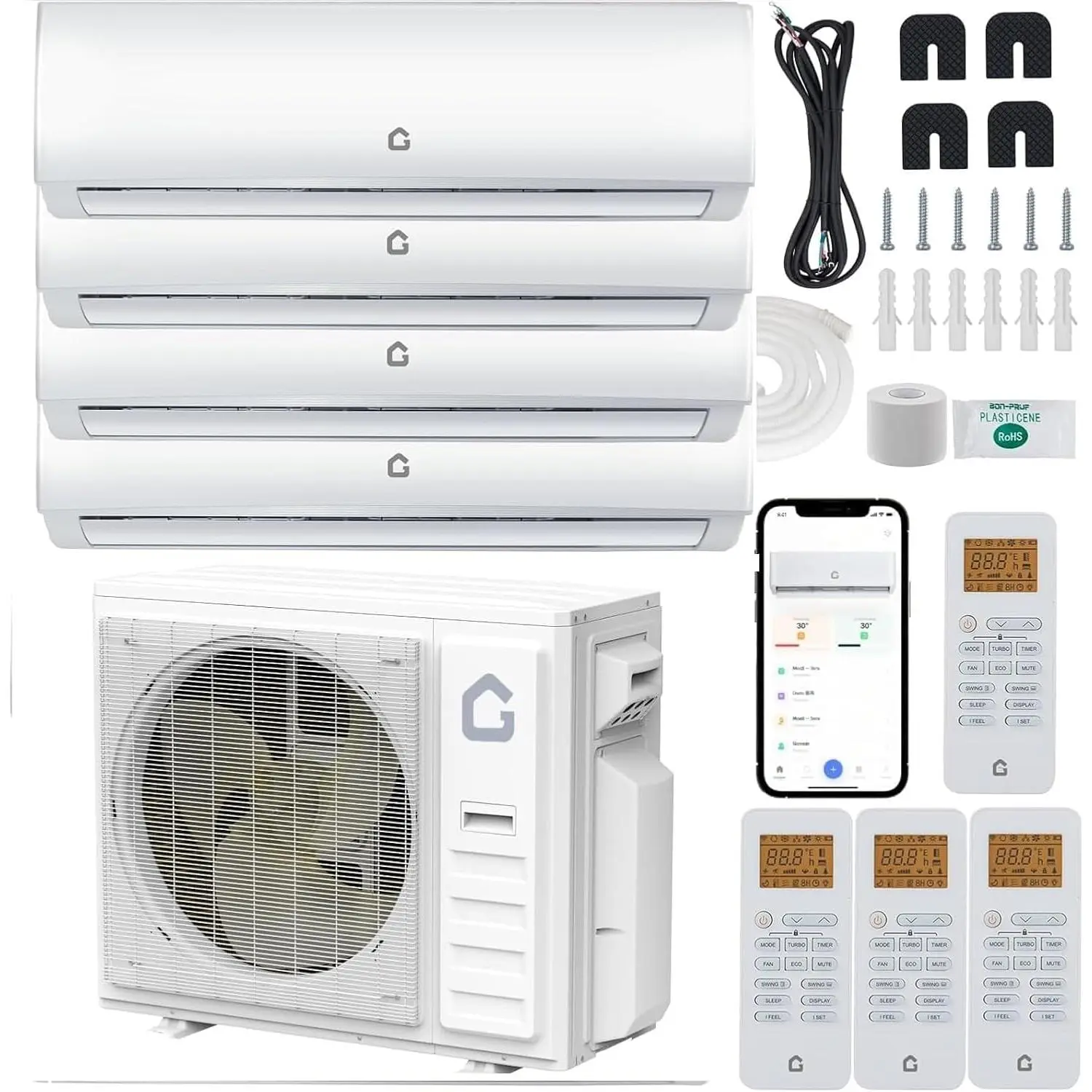 35000 BTU Quad Zone Mini Split AC Heating System 19 SEER2 4 Zone 9000 9000 9000 12000 BTU Ductless Split Air Conditioner w Pre-Charged Condenser Not Include Copper Tube Line Set 208-230V, Inverter, Heat Pump, Aircon Split Type, Energy Saving Ac