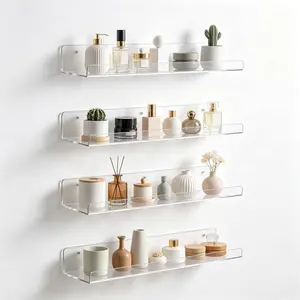 4 Pack 15 Inch Clear Acrylic Floating Shelves, Wall Mount Organizer for Bathroom, Bedroom & Nursery, Perfect for Perfume, Makeup, Skincare & Books Set