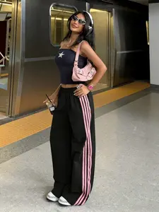 Women's College Style Side Striped Comfortable Loose Fit Sporty Straight Leg Long Pants, Casual All-Season Fashion, Versatile Campus Wear
