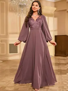 Women's Contrast Sequin V Neck Bishop Sleeve Formal Evening Dress, Elegant Long Sleeve Zipper Back Maxi Dress for Party & Banquet, Ladies' Clothes for All Seasons