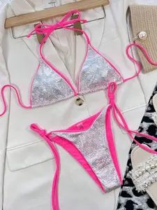 Metallic Bikini Set, Contrast Binding Halter Triangle Bra & Tie Side Bottom, Sexy Summer Beach Swimwear