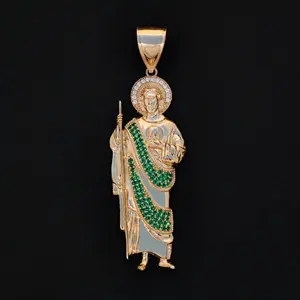 Iced San Judas w/Green Stones Pendant - 14k Gold
