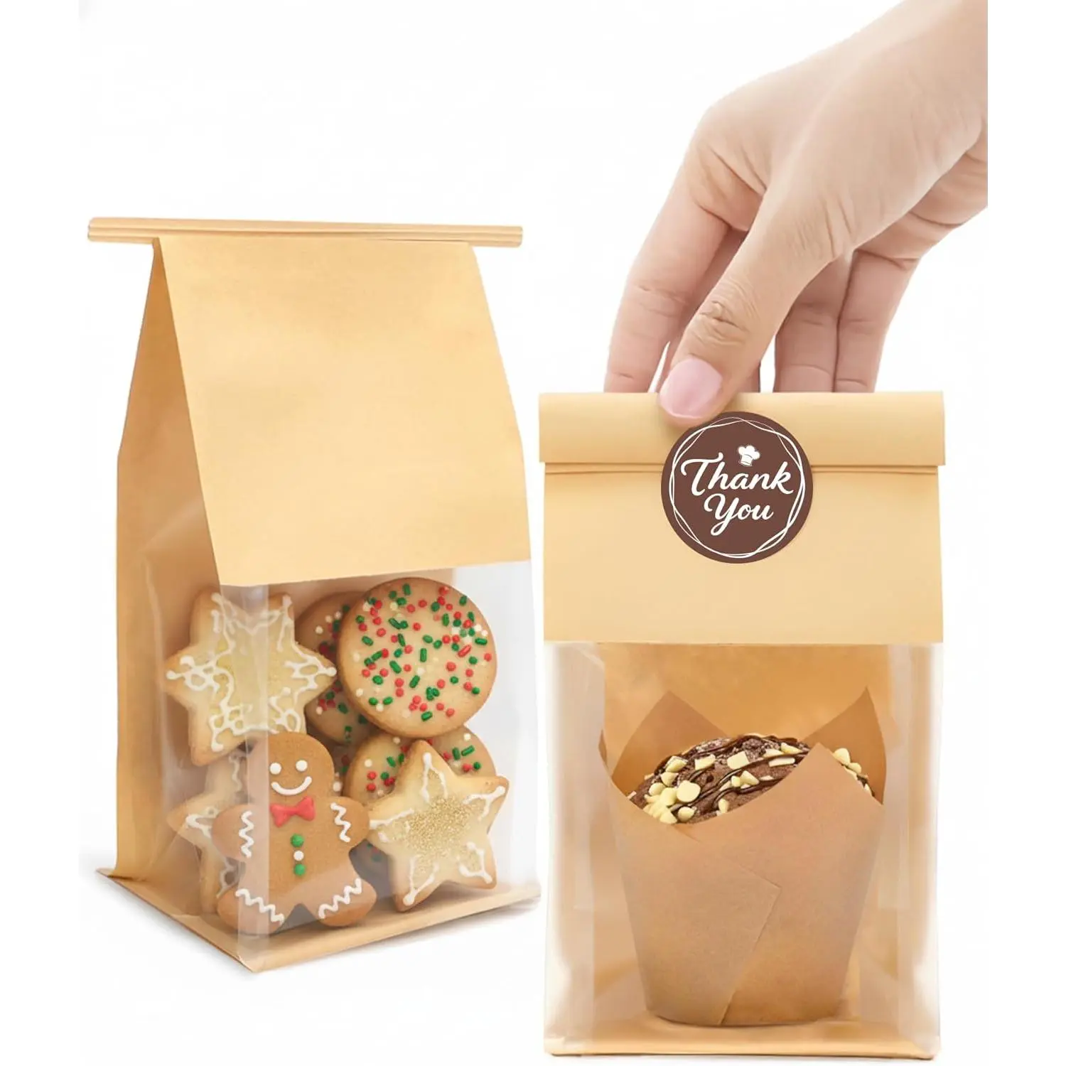 50 count Small Cookie Bags with Seal, 3.9x3.1x8.2 Inches Tin Tie Tab Lock ry Bags with Window, Resealable Paper Cookie Packaging Bag for Muffin, , Brownie, Candies, Granola